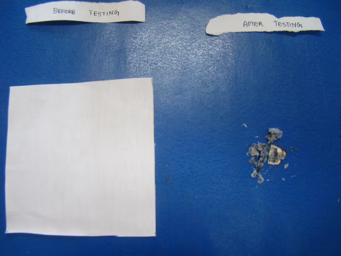 Photographs of untreated cotton fabric before and after flame test