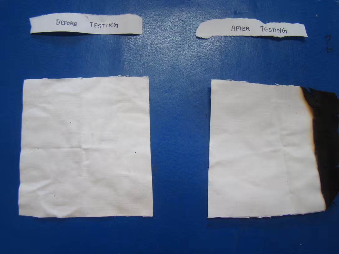 Photographs of treated cotton fabric before and after flame test showing large area of unburnt fabric